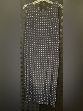 Vtg Leslie Fay Dress Sheath Navy Silky Geometric Sleeveless Long Workwear size 8